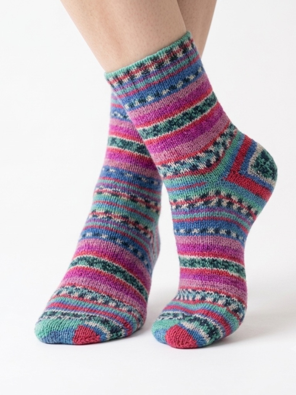 Sybil Handcrafted Merino Wool Socks fair isle Berry & Teal Stripe 7-8.5